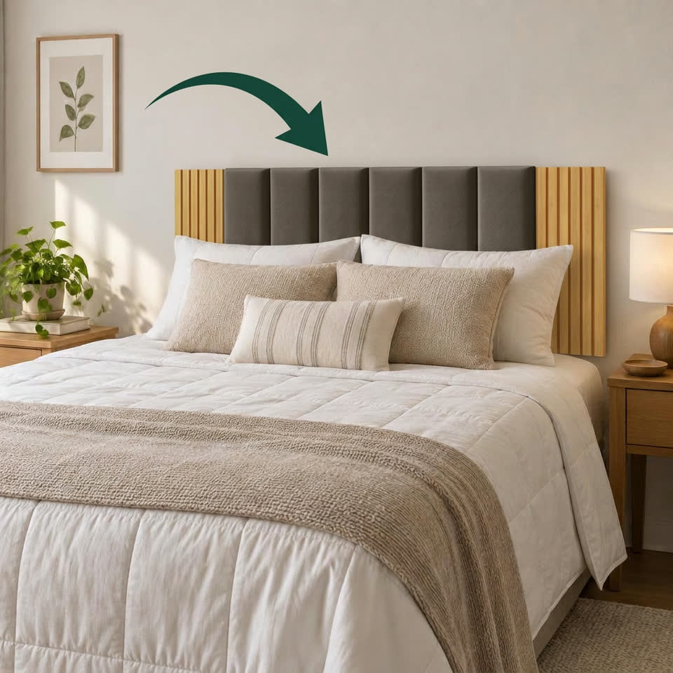 Compact modular headboard behind the bed, with an arrow highlighting the free gift